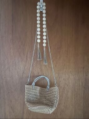 Urban Expressions Natural Beige Crochet Shoulder Bag with Silver Chain